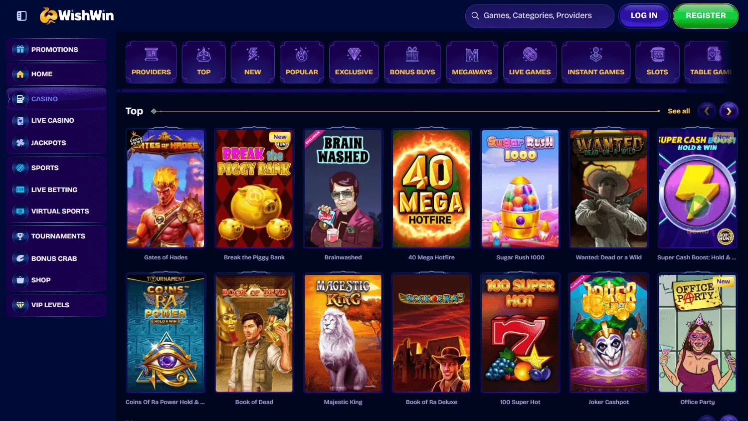 Wishwin Casino desktop games area with casino categories and game selection