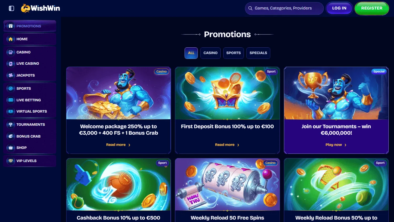 Wishwin Casino desktop promotions area with welcome, reload and promotional offers